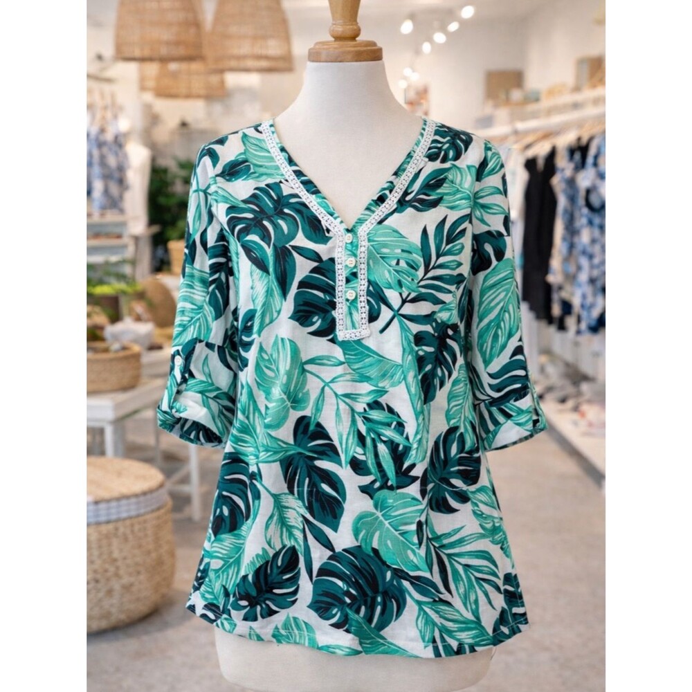 Coral Bay Linen Blend Top M Teal Green Tropical Boho Coastal Resort Cruise Wear